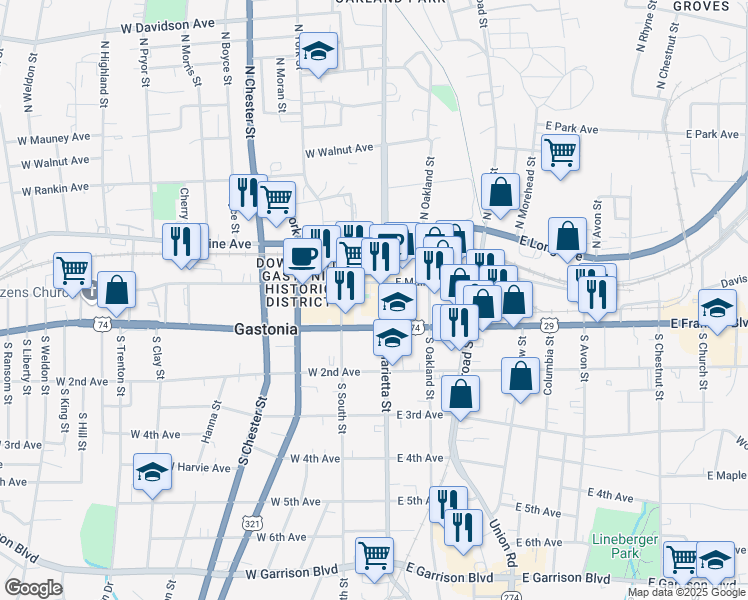 map of restaurants, bars, coffee shops, grocery stores, and more near 145 South Marietta Street in Gastonia