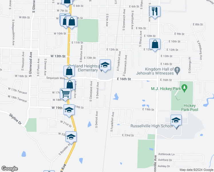 map of restaurants, bars, coffee shops, grocery stores, and more near 1615 South Erie Avenue in Russellville