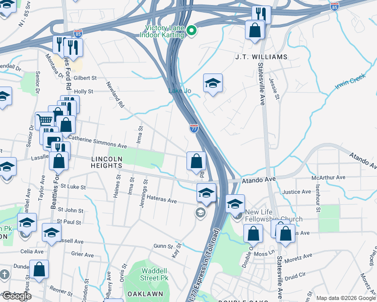 map of restaurants, bars, coffee shops, grocery stores, and more near 1702 Newland Road in Charlotte