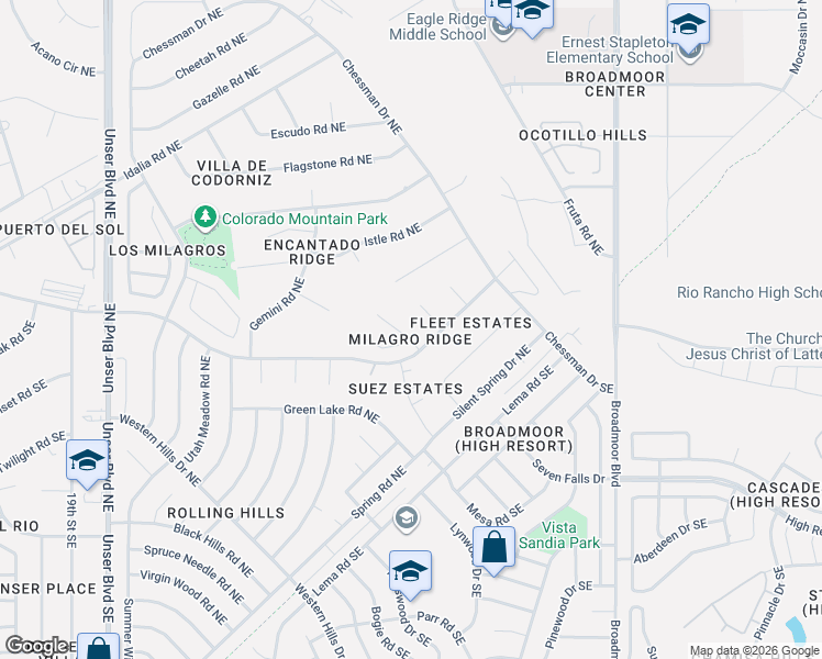 map of restaurants, bars, coffee shops, grocery stores, and more near 2615 Jade Court Northeast in Rio Rancho