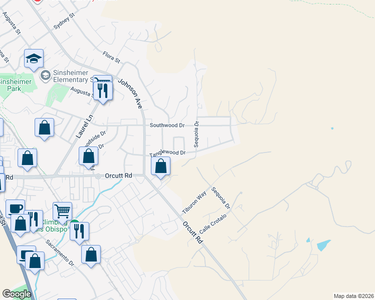 map of restaurants, bars, coffee shops, grocery stores, and more near 3465 Sequoia Drive in San Luis Obispo