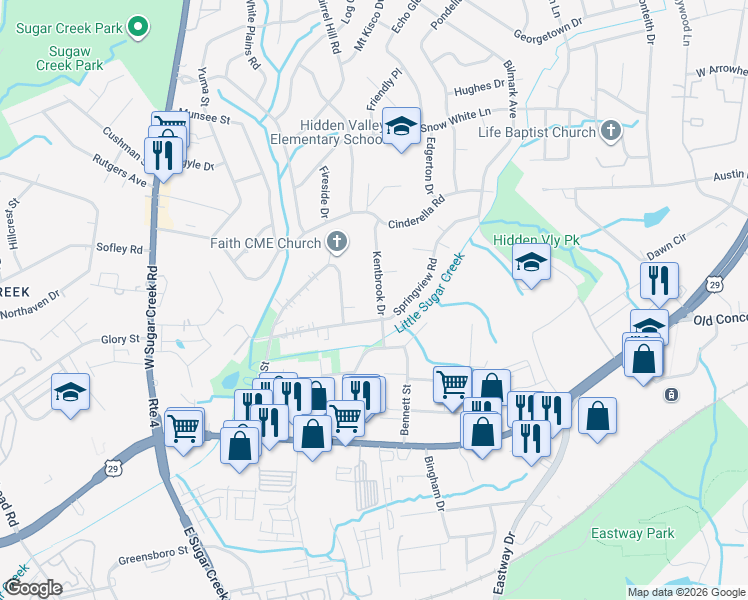 map of restaurants, bars, coffee shops, grocery stores, and more near 525 Kentbrook Drive in Charlotte