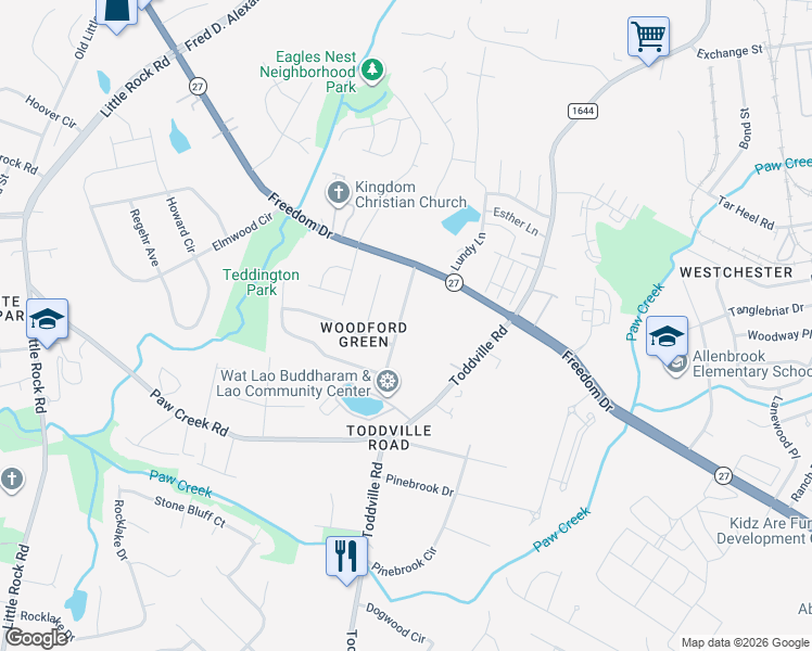 map of restaurants, bars, coffee shops, grocery stores, and more near 1607 Teddington Drive in Charlotte