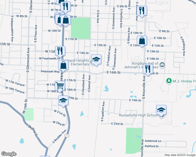 map of restaurants, bars, coffee shops, grocery stores, and more near 1600 South Erie Avenue in Russellville