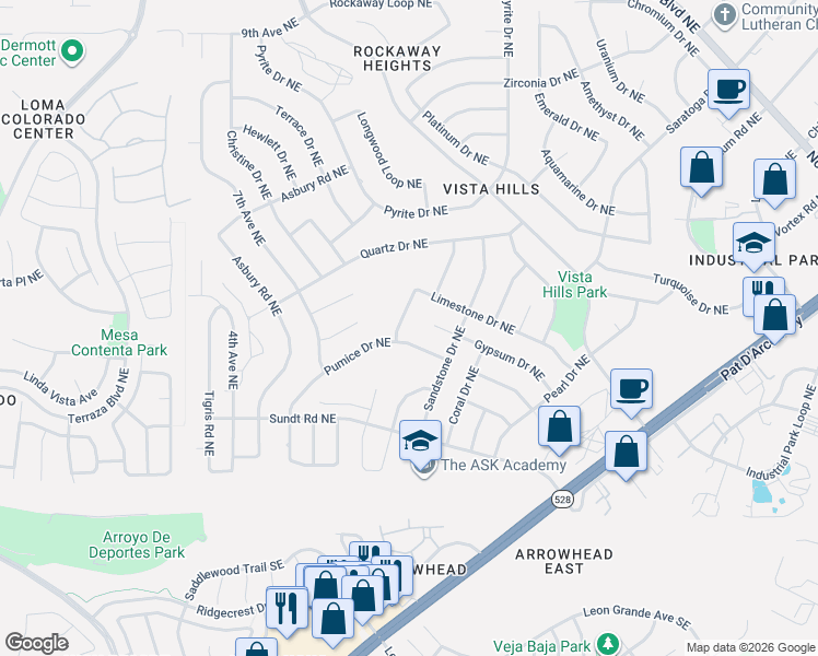 map of restaurants, bars, coffee shops, grocery stores, and more near 4513 Limestone Drive Northeast in Rio Rancho