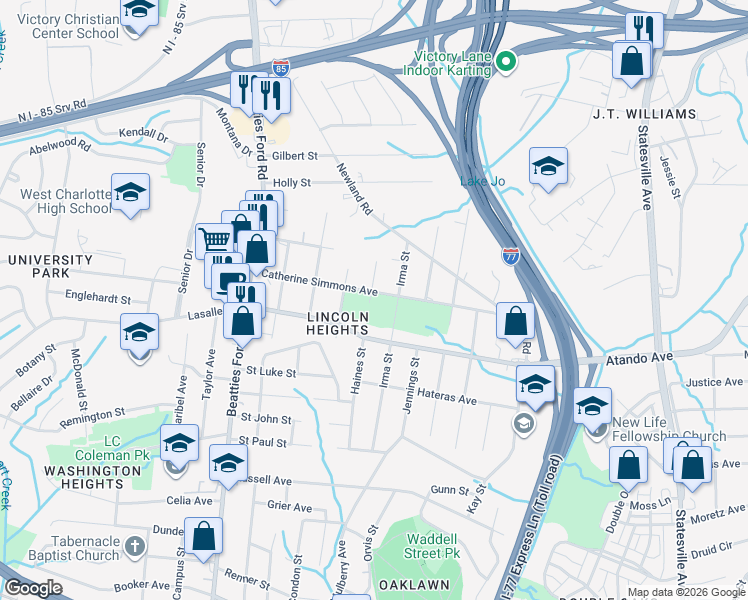 map of restaurants, bars, coffee shops, grocery stores, and more near 1804 Catherine Simmons Avenue in Charlotte