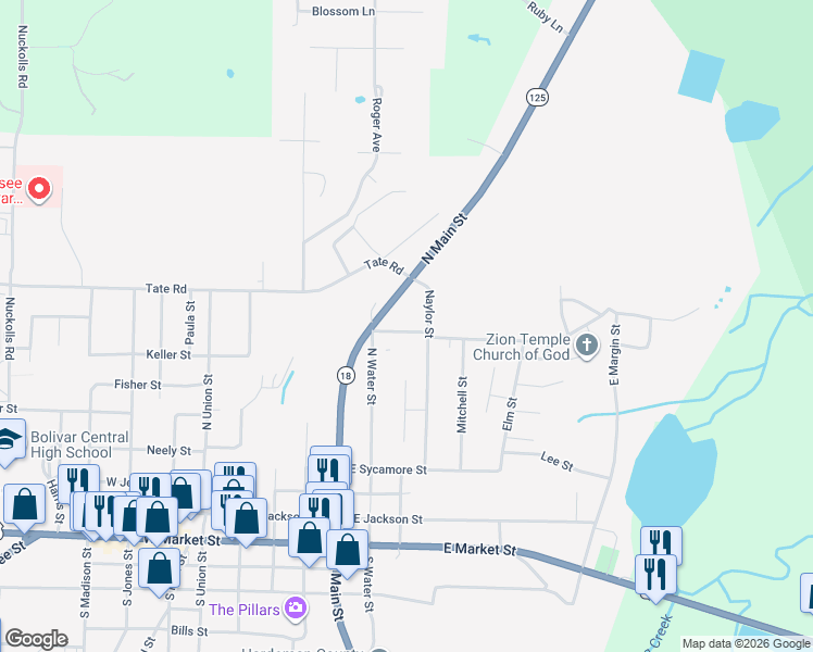 map of restaurants, bars, coffee shops, grocery stores, and more near 718 Naylor Street in Bolivar