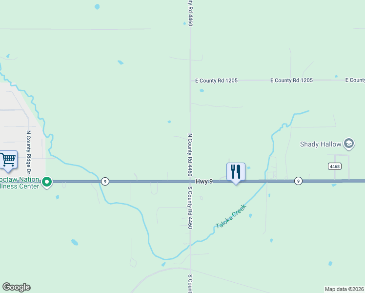 map of restaurants, bars, coffee shops, grocery stores, and more near 20118 North County Road 4460 in Stigler