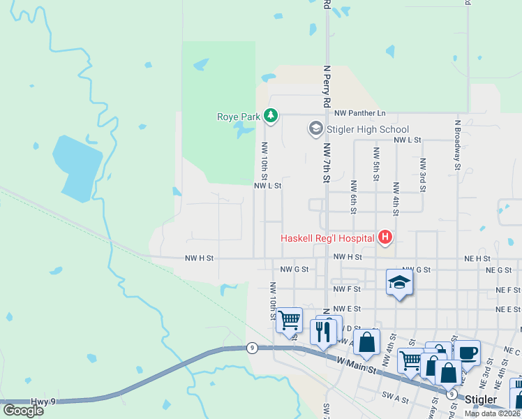 map of restaurants, bars, coffee shops, grocery stores, and more near 1109 Northwest 10th Street in Stigler