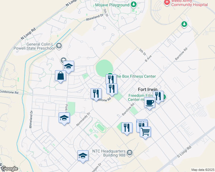 map of restaurants, bars, coffee shops, grocery stores, and more near Inner Loop in Fort Irwin