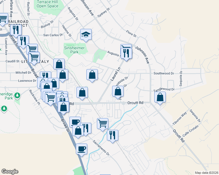 map of restaurants, bars, coffee shops, grocery stores, and more near 1155 Laurel Lane in San Luis Obispo