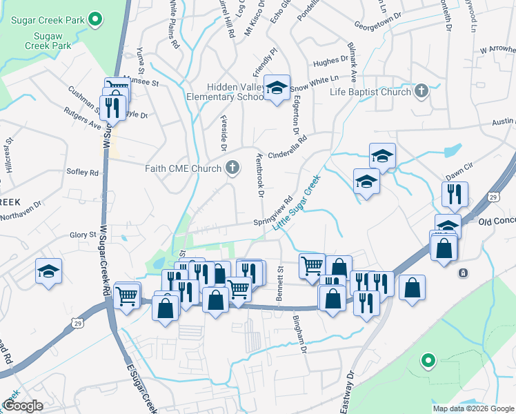 map of restaurants, bars, coffee shops, grocery stores, and more near 525 Kentbrook Drive in Charlotte