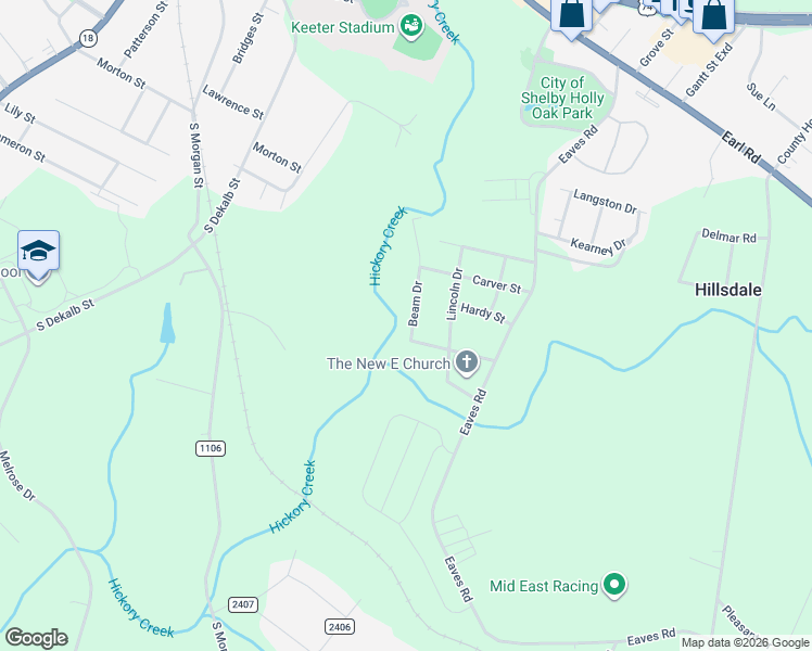map of restaurants, bars, coffee shops, grocery stores, and more near 1614-1698 Beam Drive in Shelby