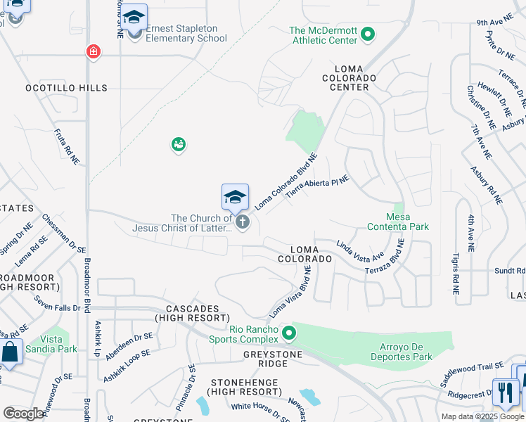 map of restaurants, bars, coffee shops, grocery stores, and more near 3513 Tierra Abierta Place Northeast in Rio Rancho