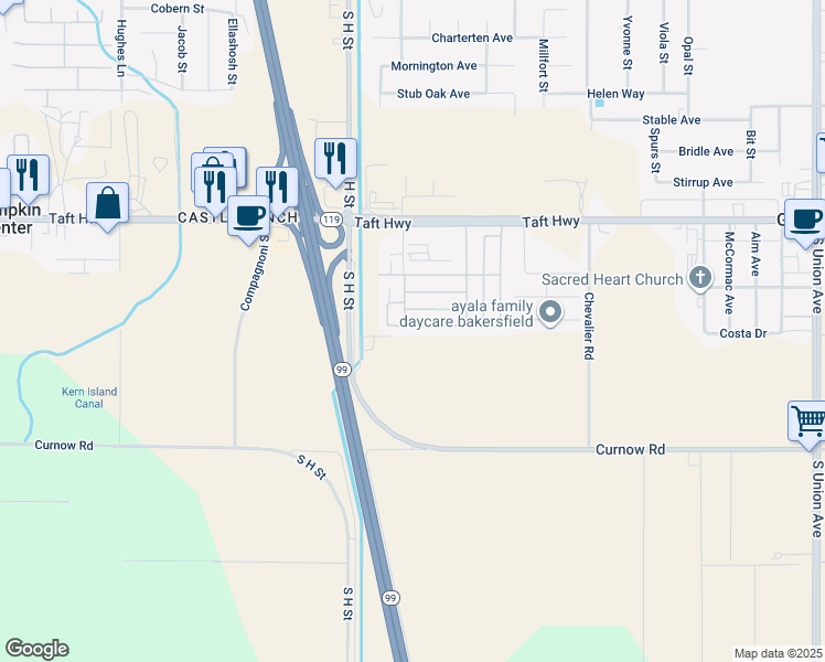 map of restaurants, bars, coffee shops, grocery stores, and more near 9901 Southland Court in Bakersfield