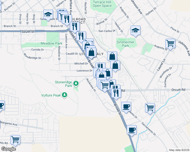 map of restaurants, bars, coffee shops, grocery stores, and more near 698 Stoneridge Drive in San Luis Obispo