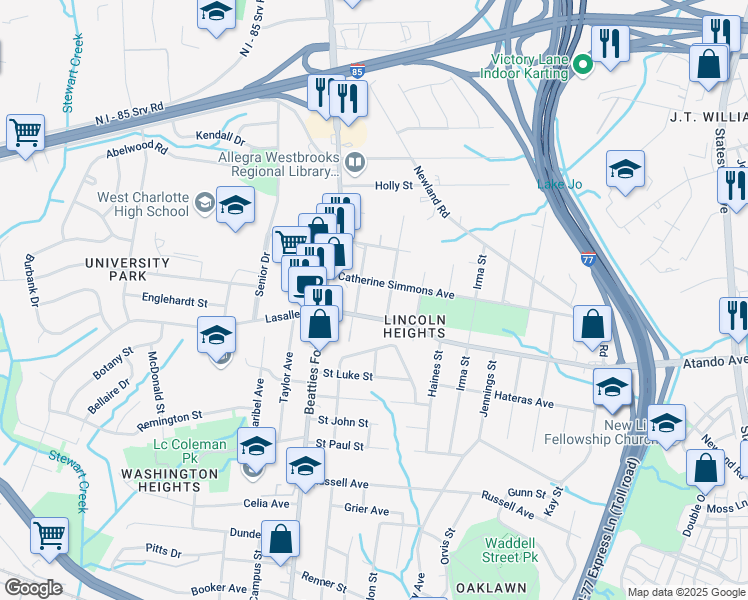map of restaurants, bars, coffee shops, grocery stores, and more near 2116 Custer Street in Charlotte