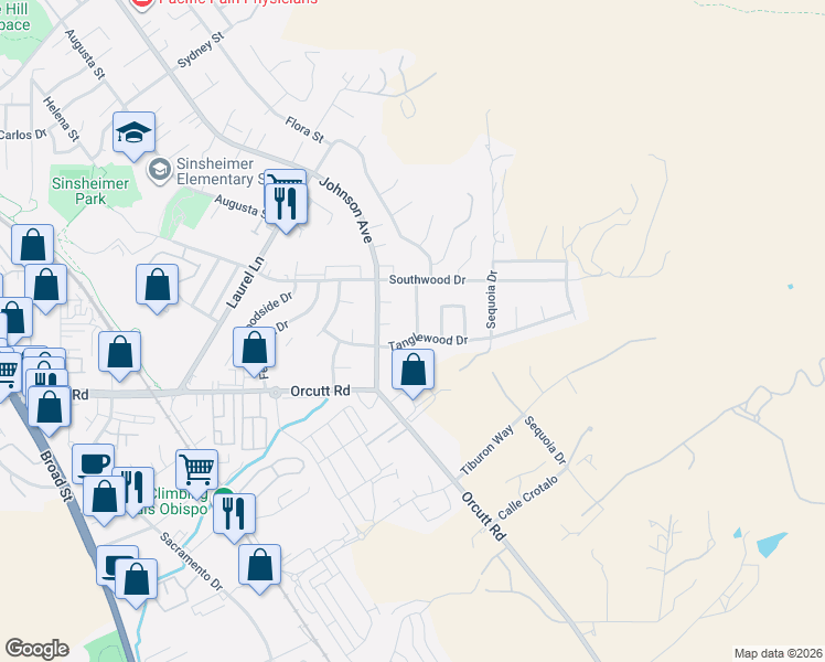 map of restaurants, bars, coffee shops, grocery stores, and more near 3559 Sycamore Drive in San Luis Obispo