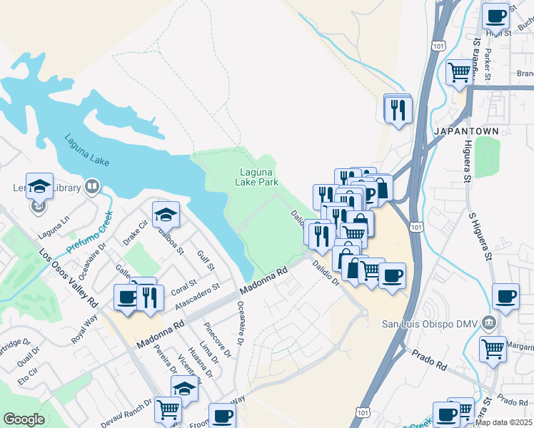 map of restaurants, bars, coffee shops, grocery stores, and more near 504 Madonna Road in San Luis Obispo
