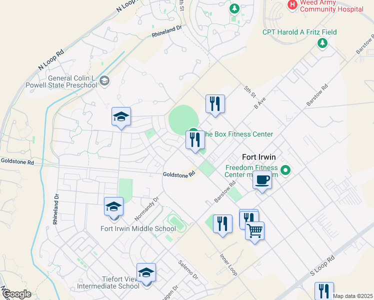 map of restaurants, bars, coffee shops, grocery stores, and more near 109 Langford Lake Road in Fort Irwin