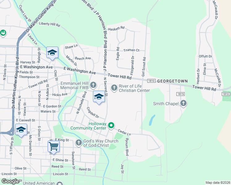 map of restaurants, bars, coffee shops, grocery stores, and more near 301 North Secrest Street in Kinston