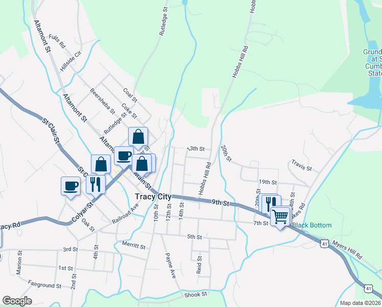 map of restaurants, bars, coffee shops, grocery stores, and more near 21 11th Street in Tracy City