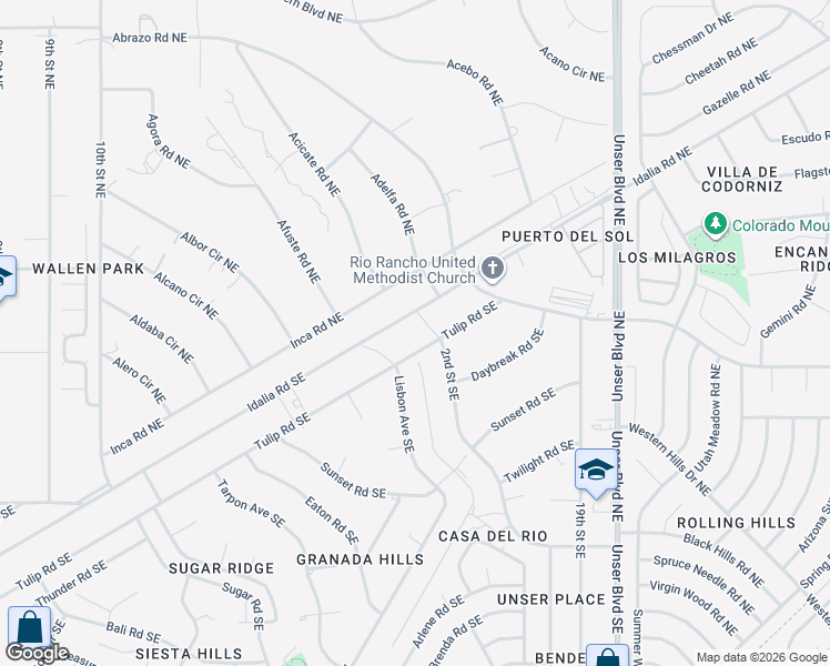 map of restaurants, bars, coffee shops, grocery stores, and more near 1619 Tulip Road Southeast in Rio Rancho