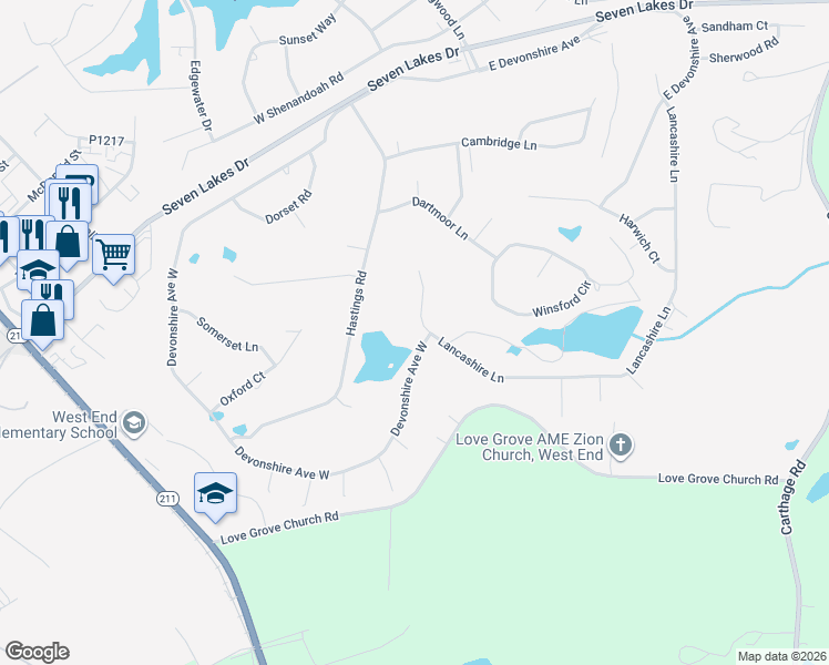 map of restaurants, bars, coffee shops, grocery stores, and more near 163 Lancashire Lane in Seven Lakes