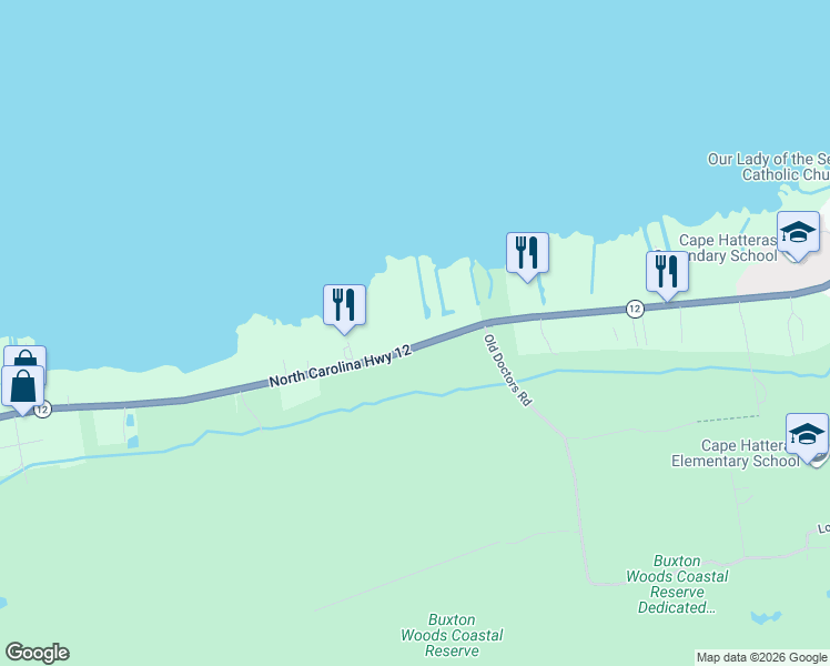 map of restaurants, bars, coffee shops, grocery stores, and more near 49536 Nc 12 Highway in Dare