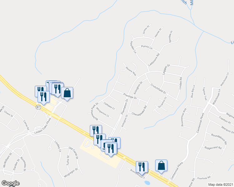 map of restaurants, bars, coffee shops, grocery stores, and more near 36 Prestige Drive in Cameron