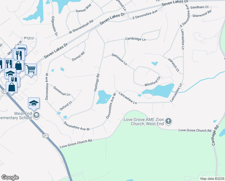 map of restaurants, bars, coffee shops, grocery stores, and more near 163 Lancashire Lane in Seven Lakes
