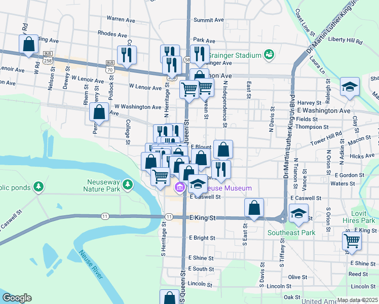 map of restaurants, bars, coffee shops, grocery stores, and more near 330 North Queen Street in Kinston