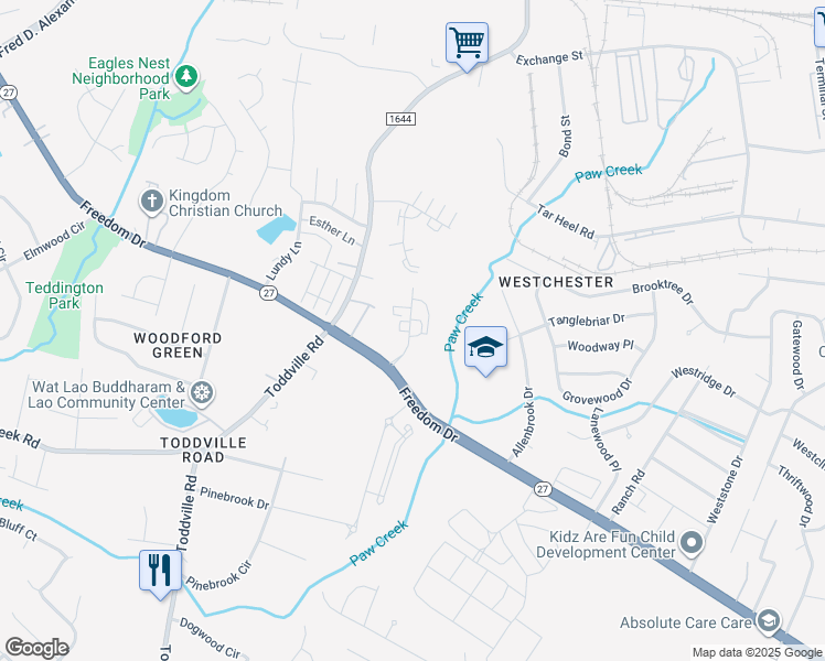 map of restaurants, bars, coffee shops, grocery stores, and more near 150 Park Fairfax Drive in Charlotte