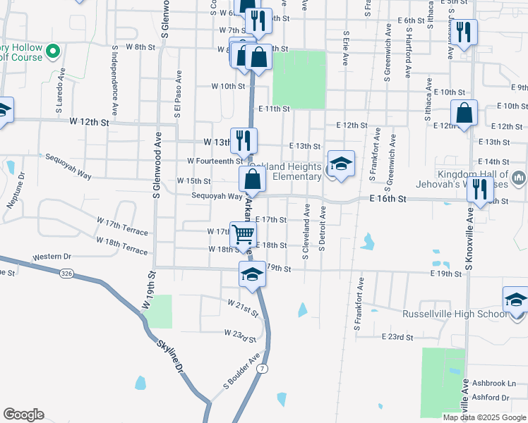 map of restaurants, bars, coffee shops, grocery stores, and more near 1614 South Boston Avenue in Russellville
