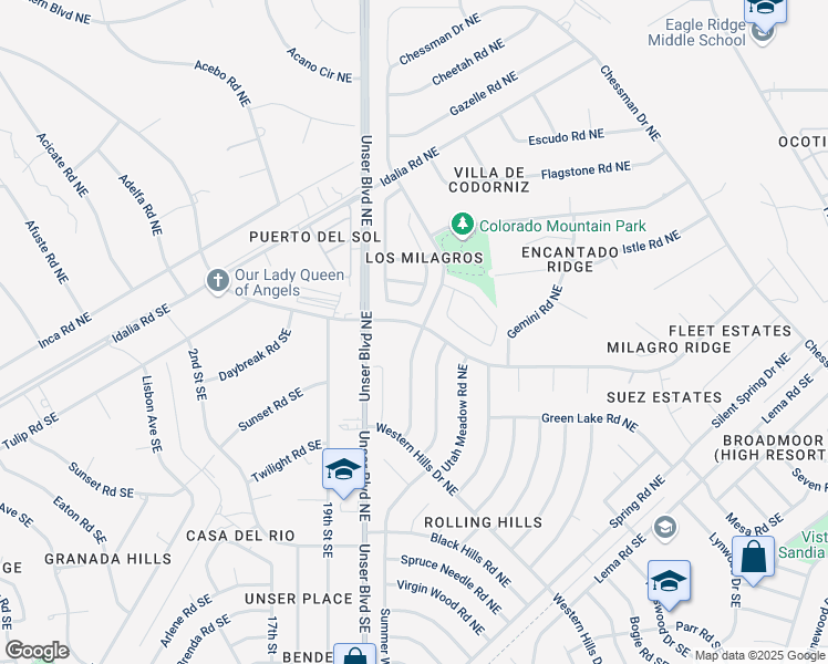 map of restaurants, bars, coffee shops, grocery stores, and more near 307 Colorado Mountain Road Northeast in Rio Rancho