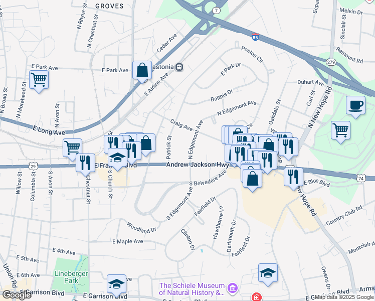 map of restaurants, bars, coffee shops, grocery stores, and more near 113 North Edgemont Avenue in Gastonia