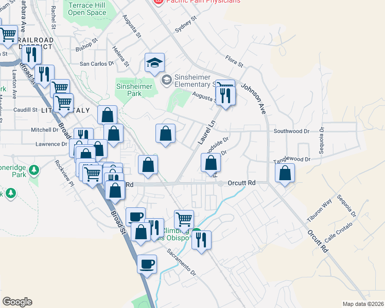 map of restaurants, bars, coffee shops, grocery stores, and more near 1155 Laurel Lane in San Luis Obispo