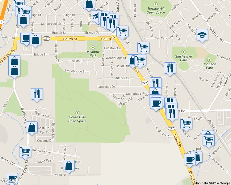 map of restaurants, bars, coffee shops, grocery stores, and more near 486 Stoneridge Drive in San Luis Obispo