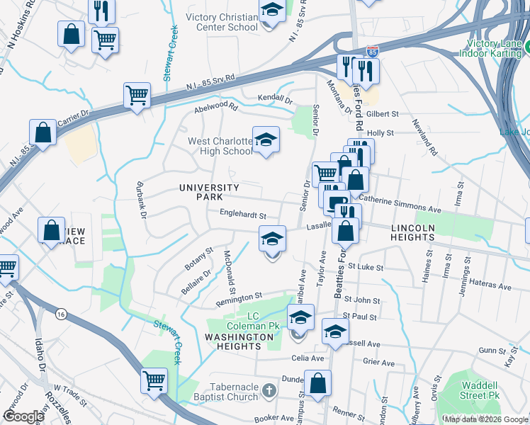 map of restaurants, bars, coffee shops, grocery stores, and more near 2023 Quentin Street in Charlotte