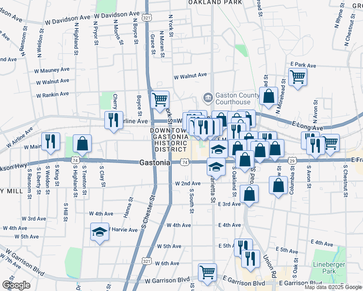 map of restaurants, bars, coffee shops, grocery stores, and more near 233 West Main Avenue in Gastonia
