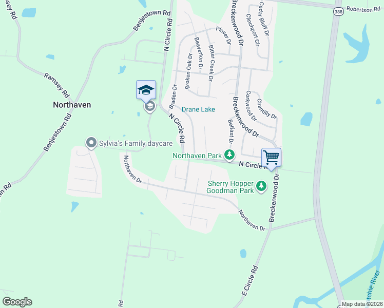 map of restaurants, bars, coffee shops, grocery stores, and more near 5040 North Circle Road in Memphis