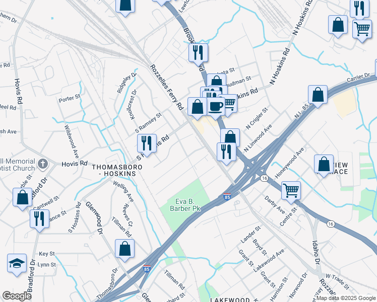 map of restaurants, bars, coffee shops, grocery stores, and more near 130 South Goff Street in Charlotte