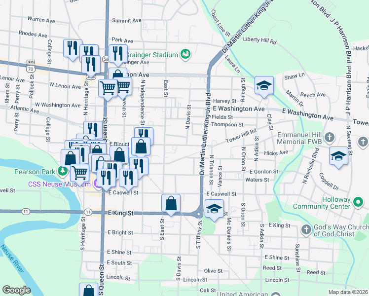 map of restaurants, bars, coffee shops, grocery stores, and more near 423 East Blount Street in Kinston