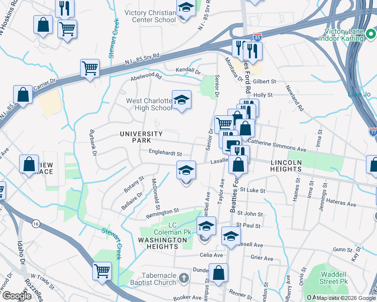 map of restaurants, bars, coffee shops, grocery stores, and more near 2023 Quentin Street in Charlotte