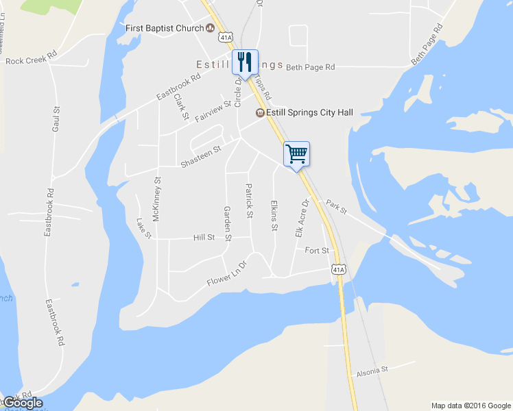 map of restaurants, bars, coffee shops, grocery stores, and more near 209 Patrick Street in Estill Springs