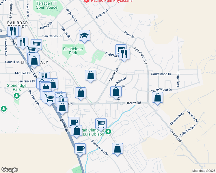 map of restaurants, bars, coffee shops, grocery stores, and more near 1155 Laurel Lane in San Luis Obispo