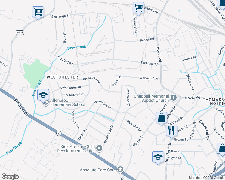 map of restaurants, bars, coffee shops, grocery stores, and more near 4434 Brooktree Drive in Charlotte