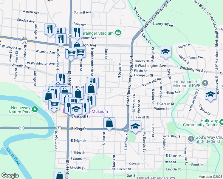 map of restaurants, bars, coffee shops, grocery stores, and more near 403 East Blount Street in Kinston