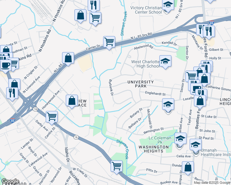 map of restaurants, bars, coffee shops, grocery stores, and more near 2144 Syracuse Dr in Charlotte