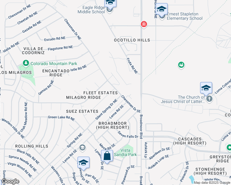 map of restaurants, bars, coffee shops, grocery stores, and more near 2853 Chessman Drive Northeast in Rio Rancho